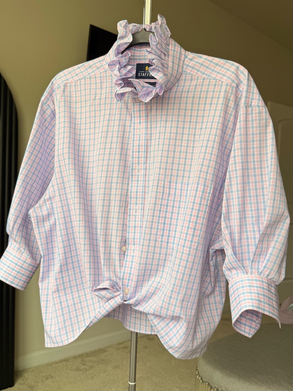 Reloved Upcycle Ruffle-Collar Button-Down Shirt size XL/XXL